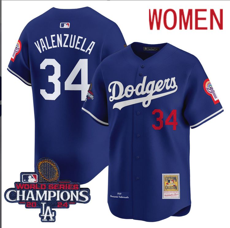 Women MLB Los Angeles Dodgers #34 Valenzuela blue 2024 World Series Champions Patch Cooperstown Jersey->women mlb jersey->Women Jersey